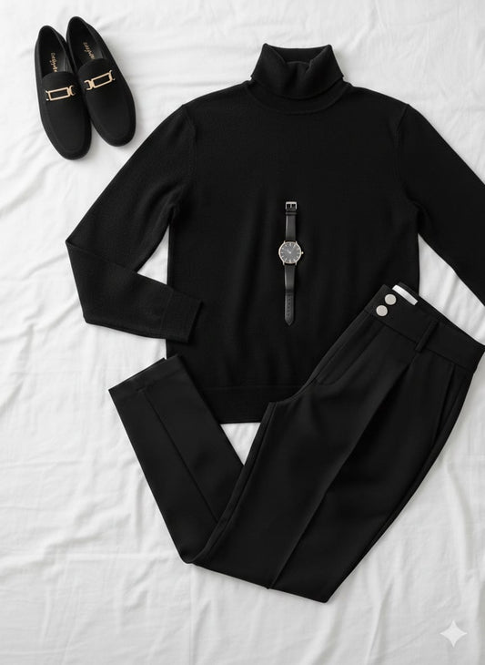 Outfit Completo Elegante Casual - Suéter Naranja - Pantalón Beige- reloj- zapatos