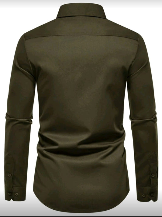 Camisa de Vestir Slim Fit Verde Militar para Hombre