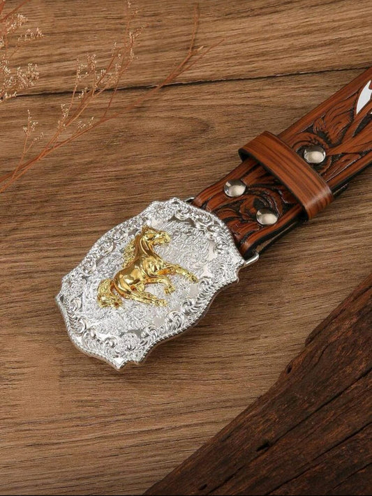 Cinturón Vaquero Western con Hebilla de Caballo Dorado