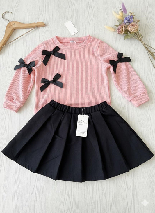 Conjunto Niña Blusa Rosa con Lazos y Falda Negra 2-3 Años