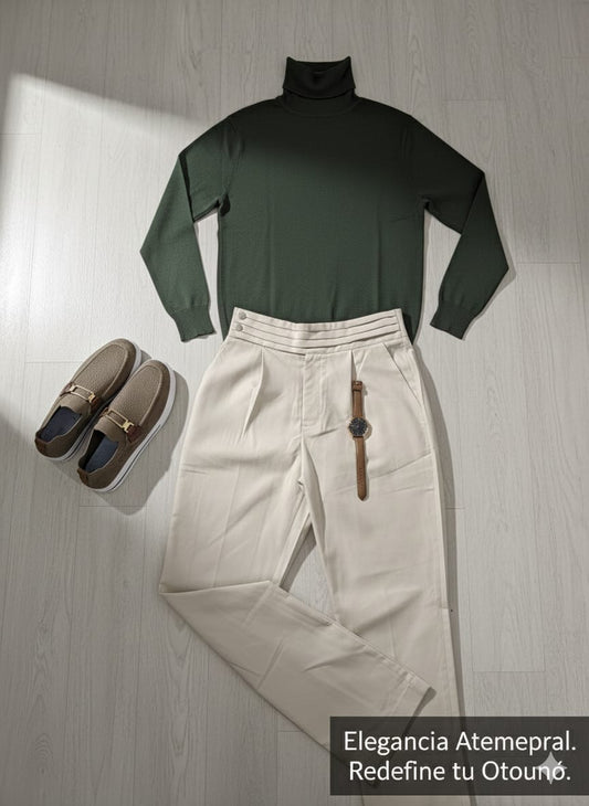 Outfit Elegante Cuello Alto - Verde Oliva- incluye zapatos, reloj, pantalón y jersey.