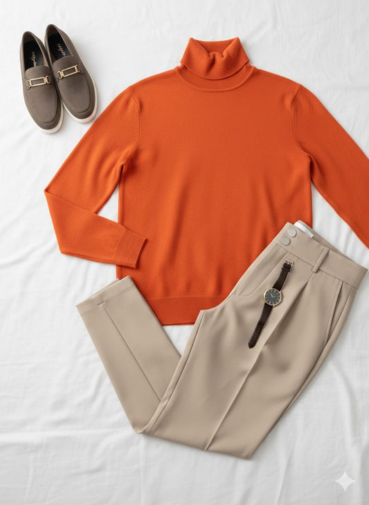 Outfit Completo Elegante Casual - Suéter Naranja - Pantalón Beige- reloj- zapatos