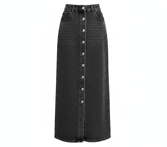 Falda Denim Negra Larga con Botones - Estilo Casual Chic