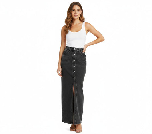 Falda Denim Negra Larga con Botones - Estilo Casual Chic