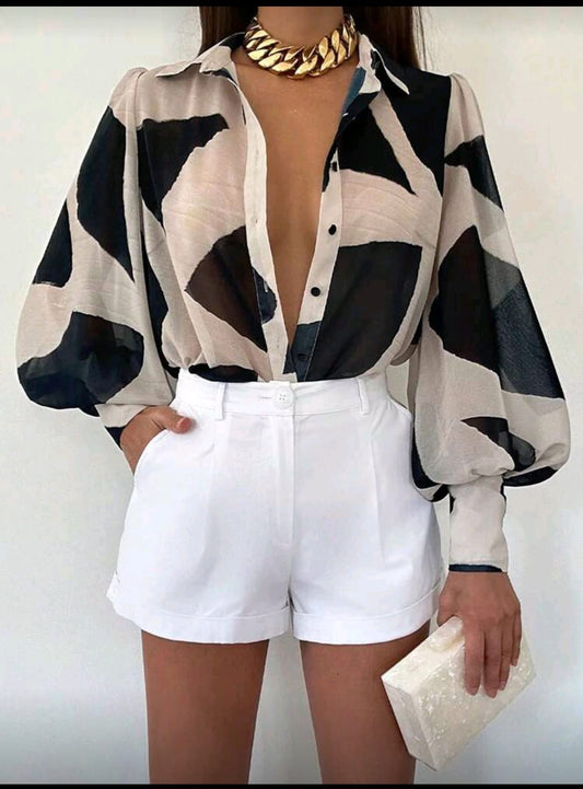 Camisa Estampado Geométrico Blanco y Negro