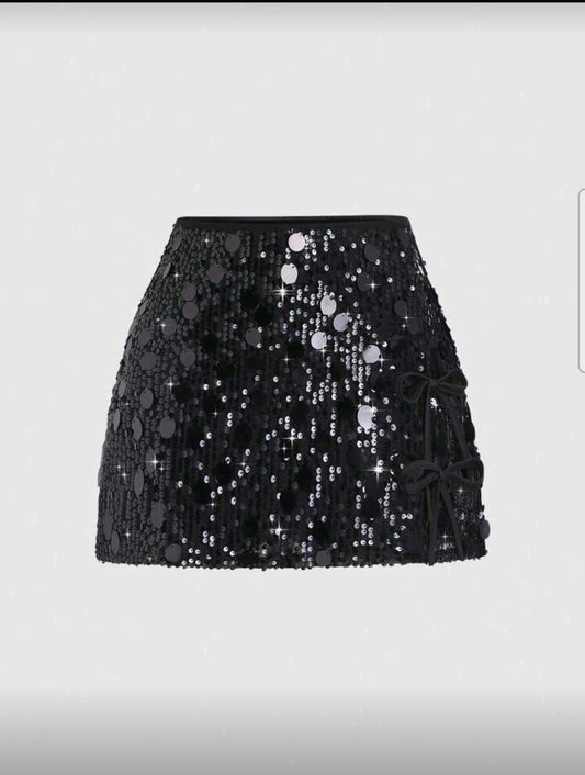 Falda de Lentejuelas Negras con Lazos