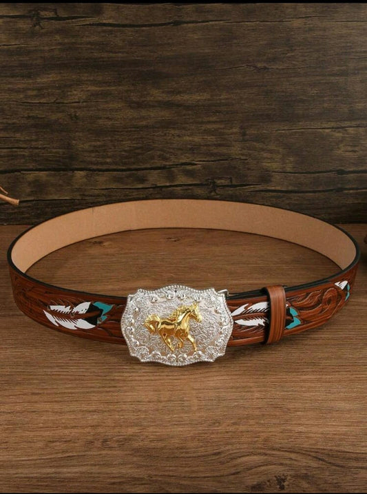 Cinturón Vaquero Western con Hebilla de Caballo Dorado